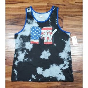 MTV Music Television Distressed Logo Tank Top Black Gray Tie Dye Mens Small New